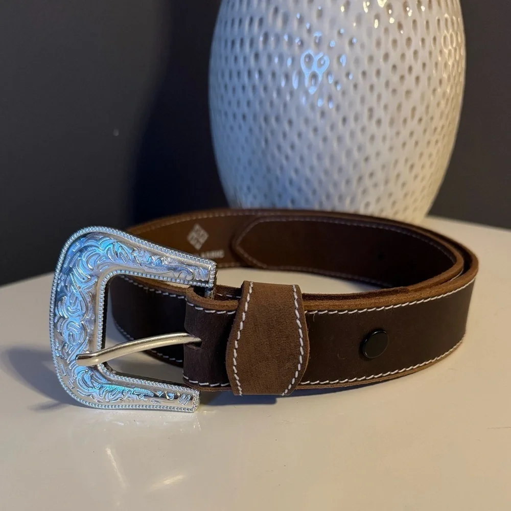 F&L Classic Western Full Grain Brown Leather Belt. New. Size 27. Silver buckle.